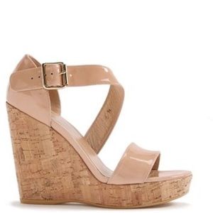 stuart weitzman nude Oneliner Patent Leather Wedge Sandal